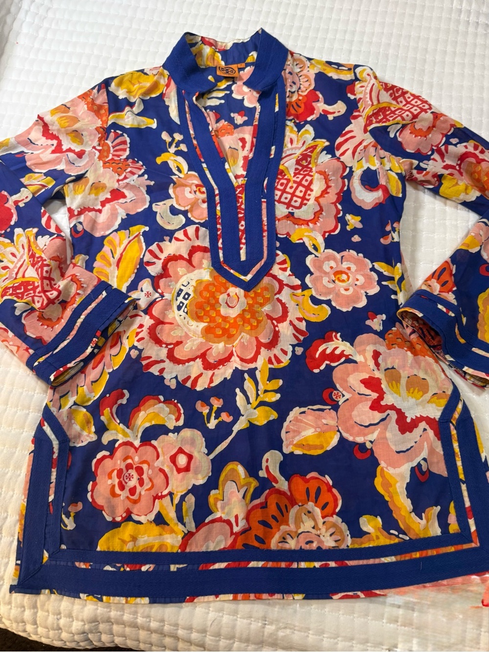 Tory Burch Blue Floral Tunic with Pink, Yellow and Orange Accents - Picture 5 of 12